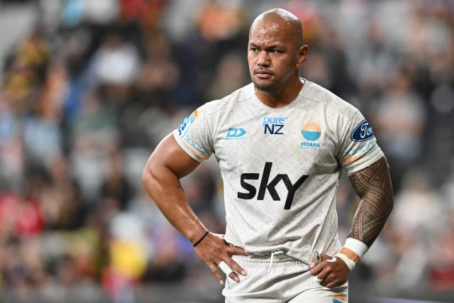 Moana Pasifika's Lalomilo Lalomilo reacts during the Super Rugby Pacific match between the Highlanders and Moana Pasifika at One New Zealand Stadium in Christchurch on April 26, 2026. (Photo by Sanka VIDANAGAMA / AFP)