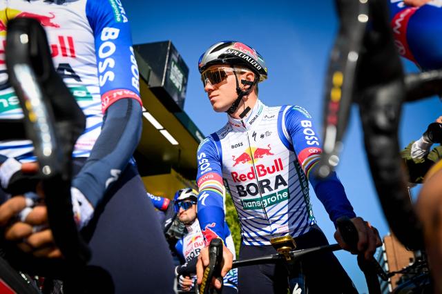 Red Bull-BORA-hansgrohe's Belgian rider Remco Evenepoel waits for the start of the men elite race of the Liege-Bastogne-Liege UCI World Tour one day cycling race, 259,5km from Liege, over Bastogne to Liege, on April 26, 2026. (Photo by MAARTEN STRAETEMANS / Belga / AFP) / Belgium OUT