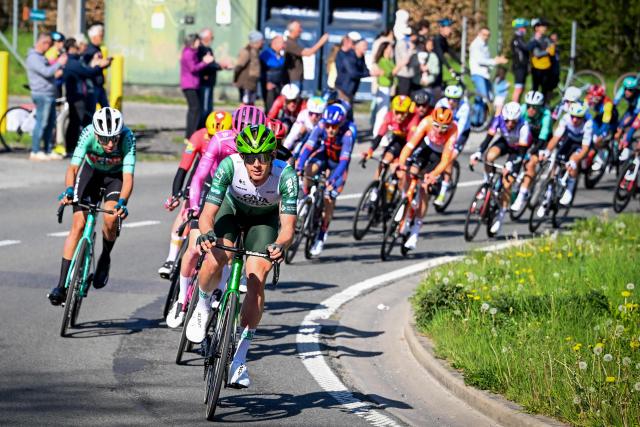 The pack of riders cycles during the men elite race of the Liege-Bastogne-Liege UCI World Tour one day cycling race, 259,5km from Liege, over Bastogne to Liege, on April 26, 2026. (Photo by MAARTEN STRAETEMANS / Belga / AFP) / Belgium OUT
