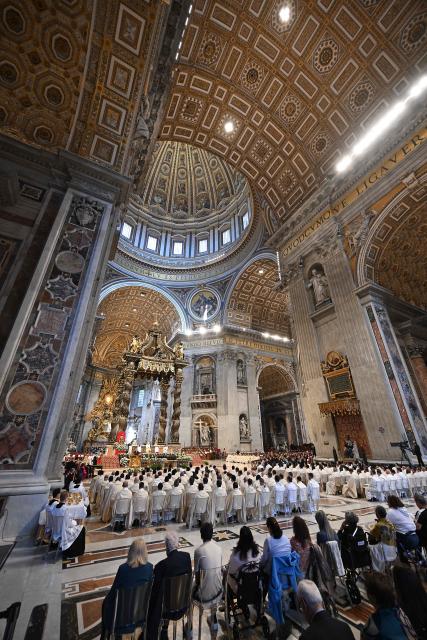 Pope Leo XIV (C) presides over the Holy Mass with Priestly Ordinations, at St Peter's Basilica in the Vatican on April 26, 2026. (Photo by Andreas SOLARO / AFP)