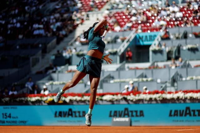 US Coco Gauff returns the ball to Romania's Sorana Cirstea during their 2026 WTA Tour Madrid Open tennis tournament singles match at the Caja Magica in Madrid, on April 26, 2026. (Photo by OSCAR DEL POZO / AFP)