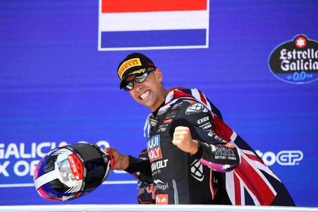 Winner Liqui Moly Dynavolt Intact GP team's Australian moto2 rider Senna Agius celebrates on the podium of the Moto2 Spanish Grand Prix race at the Jerez racetrack in Jerez de la Frontera on April 26, 2026. (Photo by JORGE GUERRERO / AFP)