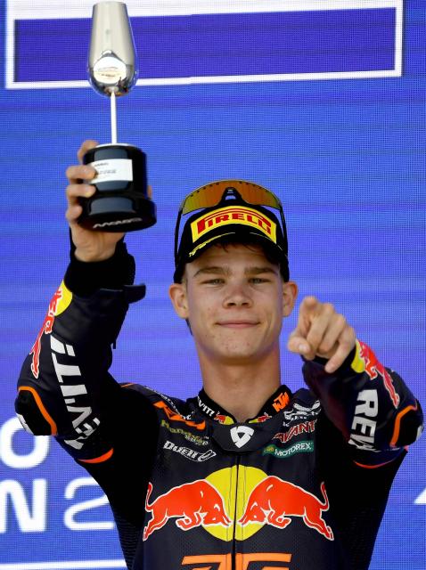 Third placed team Red Bull KTM Ajo's Dutch moto2 rider Collin Veijer celebrates on the podium of the Moto2 Spanish Grand Prix race at the Jerez racetrack in Jerez de la Frontera on April 26, 2026. (Photo by JORGE GUERRERO / AFP)
