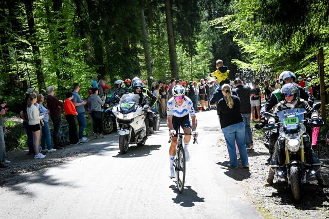 Czech Pavel Novak of Movistar Team cycles during the men elite race of the Liege-Bastogne-Liege UCI World Tour one day cycling race, 259,5km from Liege, over Bastogne to Liege, on April 26, 2026. (Photo by MAARTEN STRAETEMANS / Belga / AFP) / Belgium OUT