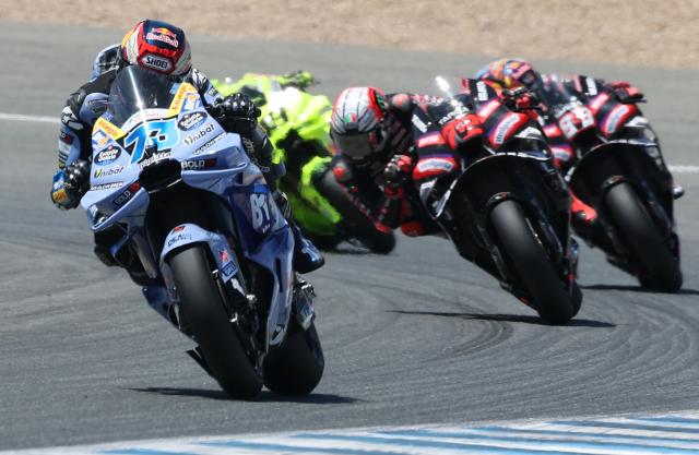 Team Gresini Racing MotoGP's Alex Marquez leads the MotoGP Spanish Grand Prix at the Jerez racetrack in Jerez de la Frontera, on April 26, 2025. (Photo by Pierre-Philippe MARCOU / AFP)