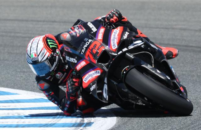 Team Aprilia Racing's Marco Bezzecchi competes during the MotoGP Spanish Grand Prix at the Jerez racetrack in Jerez de la Frontera, on April 26, 2025. (Photo by Pierre-Philippe MARCOU / AFP)