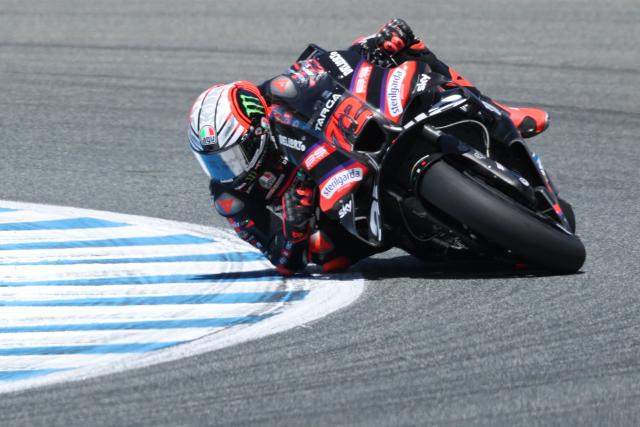 Team Aprilia Racing's Marco Bezzecchi competes during the MotoGP Spanish Grand Prix at the Jerez racetrack in Jerez de la Frontera, on April 26, 2025. (Photo by Pierre-Philippe MARCOU / AFP)