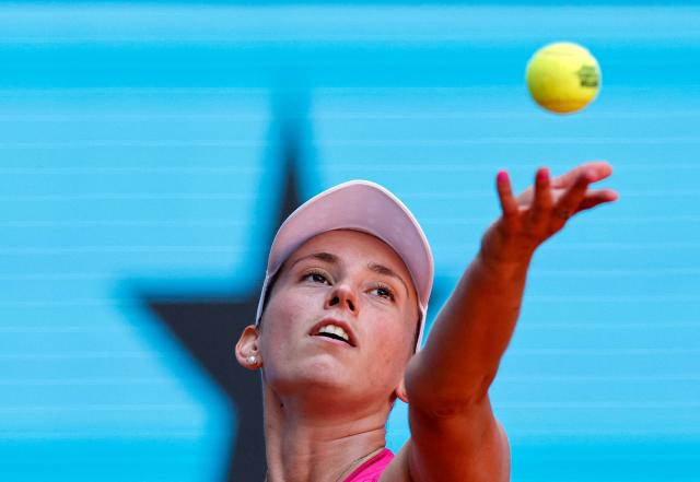 Belgium's Elise Mertens serves to Czech Republic's Karolina Pliskova during their 2026 WTA Tour Madrid Open tennis tournament singles match at the Caja Magica in Madrid, on April 26, 2026. (Photo by OSCAR DEL POZO / AFP)