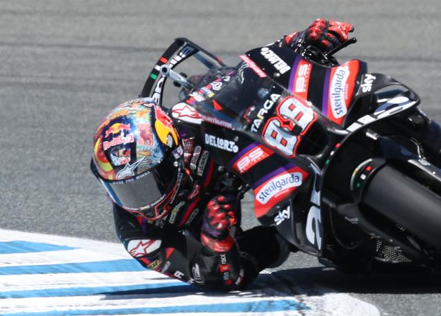 Team Aprilia Racing's Jorge Martin competes during the MotoGP Spanish Grand Prix at the Jerez racetrack in Jerez de la Frontera, on April 26, 2025. (Photo by Pierre-Philippe MARCOU / AFP)