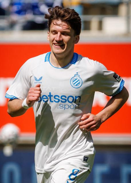 Club Brugge's Greek forward #08 Christos Tzolis celebrates after scoring his team's second goal during the Belgian "Pro League" First Division football match between KAA Gent and Club Brugge at KAA Gent Stadium in Gent on April 26, 2026. (Photo by KURT DESPLENTER / Belga / AFP) / Belgium OUT