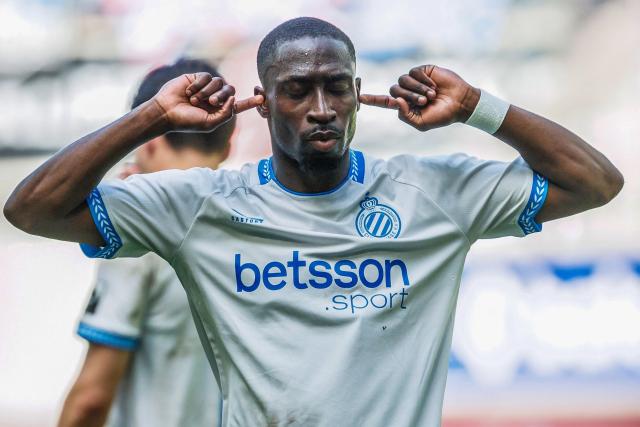 Club Brugge's Portuguese forward #09 Carlos Forbs reacts after a later disallowed goal during the Belgian "Pro League" First Division football match between KAA Gent and Club Brugge at KAA Gent Stadium in Gent on April 26, 2026. (Photo by KURT DESPLENTER / Belga / AFP) / Belgium OUT