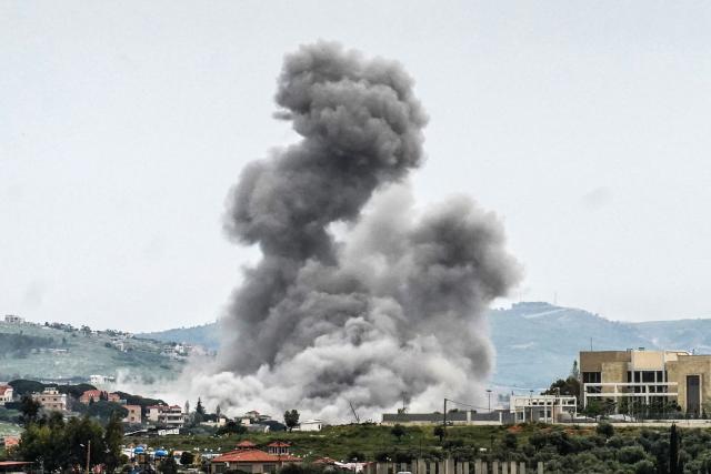 Smoke rises from targeted areas in the town of Nabatоye al-Faouqa in Lebanon’s Nabatieh Province, following an airstrike on April 26, 2026. Lebanon was drawn into the Middle East war on March 2 when Tehran-backed militant group Hezbollah launched attacks on Israel to avenge the killing of the Iranian leader. Israel has responded with broad strikes across Lebanon and a ground offensive. (Photo by Abbas Fakih / AFP)