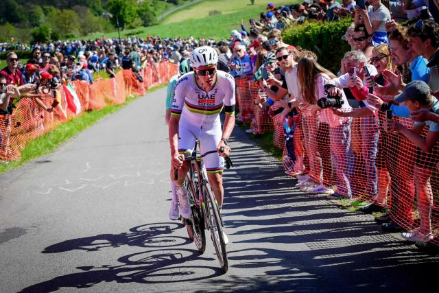 UAE Team Emirates-XRG's Slovenian rider Tadej Pogacar cycles during the men elite race of the Liege-Bastogne-Liege UCI World Tour one day cycling race, 259,5km from Liege, over Bastogne to Liege, on April 26, 2026. (Photo by Bernard PAPON / various sources / AFP) / Belgium OUT