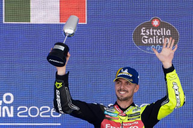 Third placed Pertamina Enduro VR46 Raging Team's Italian MotoGP rider Fabio Di Giannantonio celebrates on the podium of the MotoGP Spanish Grand Prix race at the Jerez racetrack in Jerez de la Frontera on April 26, 2026. (Photo by JORGE GUERRERO / AFP)