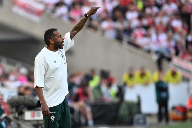 Bremen's German head coach Daniel Thioune reacts during the German first division Bundesliga football match between VfB Stuttgart and SV Werder Bremen in Stuttgart, southwestern Germany on April 26, 2026. (Photo by THOMAS KIENZLE / AFP) / DFL REGULATIONS PROHIBIT ANY USE OF PHOTOGRAPHS AS IMAGE SEQUENCES AND/OR QUASI-VIDEO