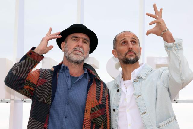 French actor and former football player Eric Cantona (L) and French actor Arie Elmaleh pose during the "Brigade Anonyme" photocall as part of the 9th edition of the Cannes international Series Festival (Canneseries) in Cannes, southern France, on April 26, 2026. (Photo by Valery HACHE / AFP)