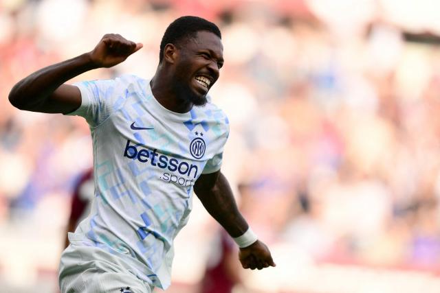 Inter Milan's French forward #9 Marcus Thuram celebrates after scoring Inter's first goal during the Italian Serie A football match between Torino and Inter Milan at the Olympic Stadium Grande Torino in Turin on April 26, 2026. (Photo by MARCO BERTORELLO / AFP)