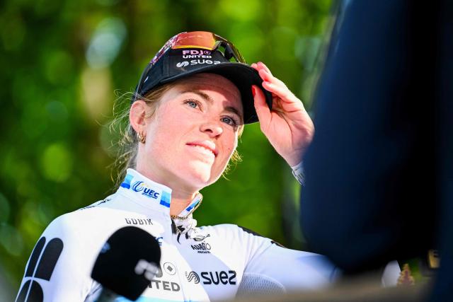 Winner FDJ United-SUEZ's Dutch rider Demi Vollering answers journalists after the women's elite race of the Liege-Bastogne-Liege UCI World Tour one day cycling race, 156 km from Bastone to Liege on April 26, 2026. (Photo by ERIC LALMAND / Belga / AFP) / Belgium OUT
