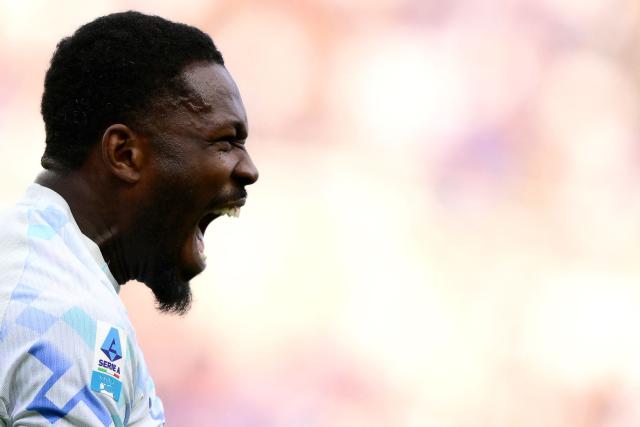 Inter Milan's French forward #9 Marcus Thuram celebrates after scoring Inter's first goal during the Italian Serie A football match between Torino and Inter Milan at the Olympic Stadium Grande Torino in Turin on April 26, 2026. (Photo by MARCO BERTORELLO / AFP)