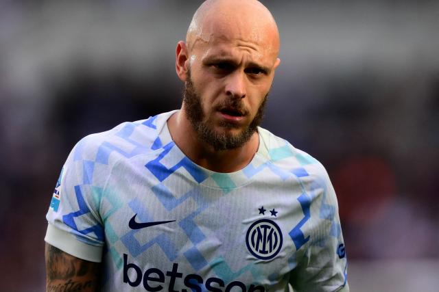 Inter Milan's Italian defender #32 Federico Dimarco reacts during the Italian Serie A football match between Torino and Inter Milan at the Olympic Stadium Grande Torino in Turin on April 26, 2026. (Photo by MARCO BERTORELLO / AFP)