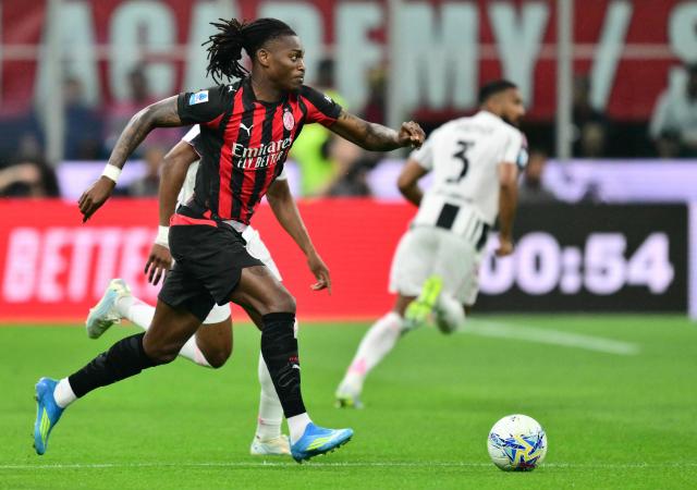 AC Milan's Portuguese forward #10 Rafael Leao runs with the ball during the Italian Serie A football match between AC Milan and Juventus at the San Siro stadium in Milan, northern Italy, on April 26, 2026. (Photo by Stefano RELLANDINI / AFP)
