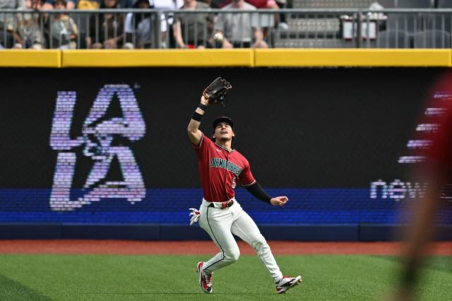 Arizona Diamondbacks' #05 Alek Thomas catches the ball during the MLB World Tour Mexico City Series game between the Arizona Diamondbacks and the San Diego Padres at Alfredo Harp Helu Stadium in Mexico City on April 26, 2026. (Photo by YURI CORTEZ / AFP)