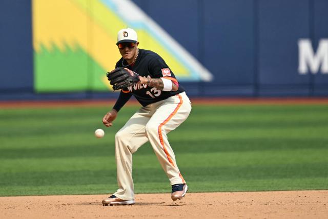 San Diego Padres' #13 Manny Machado gets ready to field the ball during the MLB World Tour Mexico City Series game between the Arizona Diamondbacks and the San Diego Padres at Alfredo Harp Helu Stadium in Mexico City on April 26, 2026. (Photo by YURI CORTEZ / AFP)