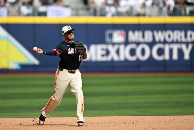 San Diego Padres' #13 Manny Machado throws to first base during the MLB World Tour Mexico City Series game between the Arizona Diamondbacks and the San Diego Padres at Alfredo Harp Helu Stadium in Mexico City on April 26, 2026. (Photo by YURI CORTEZ / AFP)