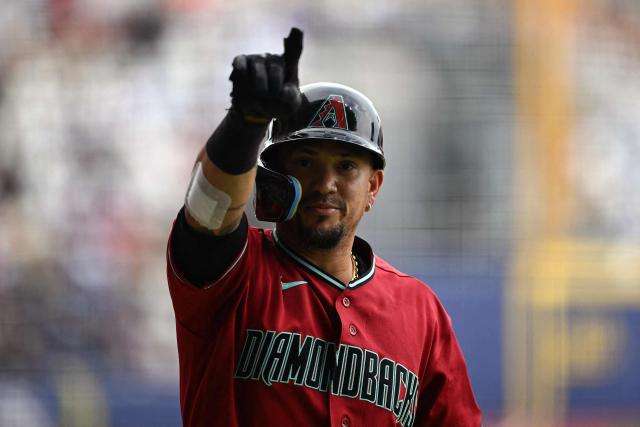 Arizona Diamondbacks' #06 Ildemaro Vargas celebrates after hitting a home run during the MLB World Tour Mexico City Series game between the Arizona Diamondbacks and the San Diego Padres at Alfredo Harp Helu Stadium in Mexico City on April 26, 2026. (Photo by YURI CORTEZ / AFP)