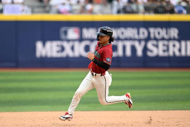 Arizona Diamondbacks' #05 Alek Thomas runs to score during the MLB World Tour Mexico City Series game between the Arizona Diamondbacks and the San Diego Padres at Alfredo Harp Helu Stadium in Mexico City on April 26, 2026. (Photo by YURI CORTEZ / AFP)