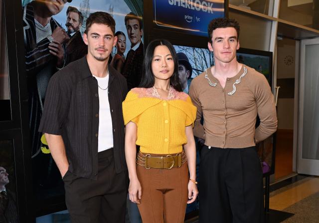 (L/R) British actor Hero Fiennes Tiffin, Taiwanese actress Zine Tseng and Irish actor Donal Finn attend the official Emmy FYC event for "Young Sherlock" at the Lindwood Dunn theater in Los Angeles, California, on April 26, 2026. (Photo by LISA O'CONNOR / AFP)