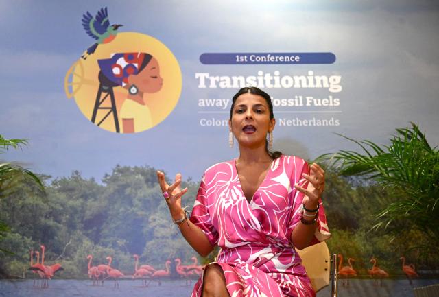 Colombia's Environment Minister Irene Velez speaks during an interview with AFP in Santa Marta, Colombia, on April 26, 2026, on the sidelines of the International Conference on the Just Transition Away from Fossil Fuels. (Photo by Raul ARBOLEDA / AFP)