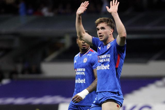 Cruz Azul's Argentine midfielder #08 Agustin Palavecino reacts after scoring his team's second goal during the Liga MX Clausura football match between Cruz Azul and Necaxa at Banorte Stadium in Mexico City on April 26, 2026. (Photo by Victor Cruz / AFP)