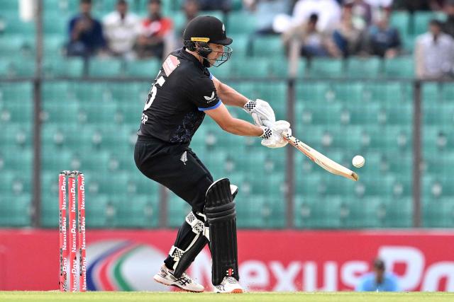 New Zealand's Dane Cleaver plays a shot during the first T20 cricket match between Bangladesh and New Zealand at the Bir Sreshtho Flight Lieutenant Matiur Rahman Stadium in Chittagong on April 27, 2026. (Photo by MUNIR UZ ZAMAN / AFP)