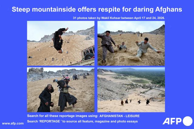 AFP presents a reportage of 31 photos taken between April 17 and 24, 2026 by photographer Wakil Kohsar featuring Afghan men and Taliban personnel picnicking together on a steep mountainside at the Sayad area of Reg-e-Rawan in Kapisa province. Hundreds of visitors travel each weekend to Reg-e-Rawan -- "the moving sands" in Dari -- to practice parkour or roll down the honey-coloured sand in Kapisa province and to unwind beside breathtaking views.

Search for all these reportage images using: AFGHANISTAN - LEISURE

Search ‘REPORTAGE’ to source all feature, magazine and photo essays (Photo by Wakil KOHSAR / AFP)