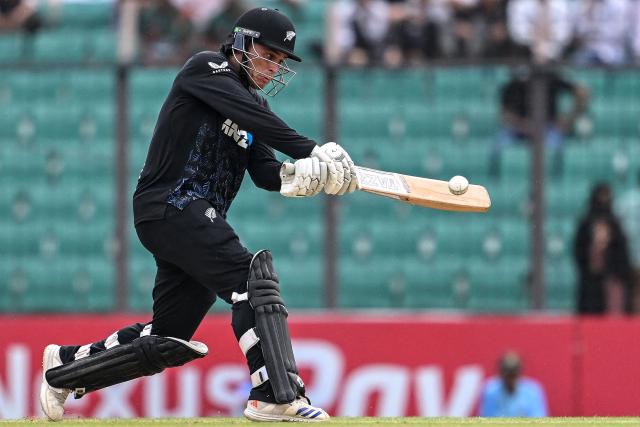 New Zealand's Katene Clarke plays a shot during the first T20 cricket match between Bangladesh and New Zealand at the Bir Sreshtho Flight Lieutenant Matiur Rahman Stadium in Chittagong on April 27, 2026. (Photo by Munir UZ ZAMAN / AFP)