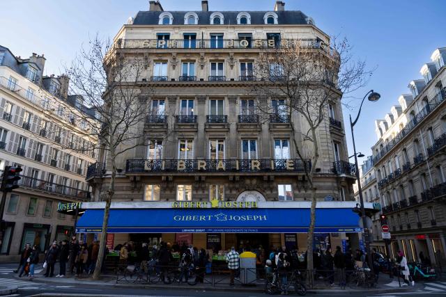 (FILES) This photograph shows a view of a Gibert Joseph bookstore in the Latin Quarter of Paris on February 1, 2025. The Gibert group, which claims to be France’s leading independent bookseller, announced on April 27, 2026, that it will seek court-ordered receivership due to economic difficulties linked in particular to the "decline of the new book market". (Photo by Sйbastien DUPUY / AFP)