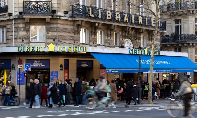 (FILES) This photograph shows a view of a Gibert Joseph bookstore in the Latin Quarter of Paris on February 1, 2025. The Gibert group, which claims to be France’s leading independent bookseller, announced on April 27, 2026, that it will seek court-ordered receivership due to economic difficulties linked in particular to the "decline of the new book market". (Photo by Sйbastien DUPUY / AFP)