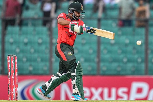 Bangladesh's Shamim Hossain plays a shot during the first T20 international cricket match between Bangladesh and New Zealand at the Bir Sreshtho Flight Lieutenant Matiur Rahman Stadium in Chittagong on April 27, 2026. (Photo by Munir UZ ZAMAN / AFP)