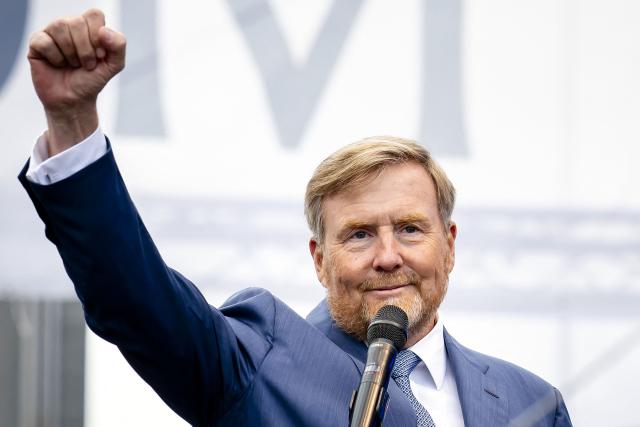 Dutch King Willem-Alexander gestures during the King's Day celebrations, in Dokkum on April 27, 2026. King's day is a national holiday in the Kingdom of the Netherlands. Celebrated on 27 April the date marks the birth of King Willem-Alexander. (Photo by Sem van der Wal / various sources / AFP) / Netherlands OUT