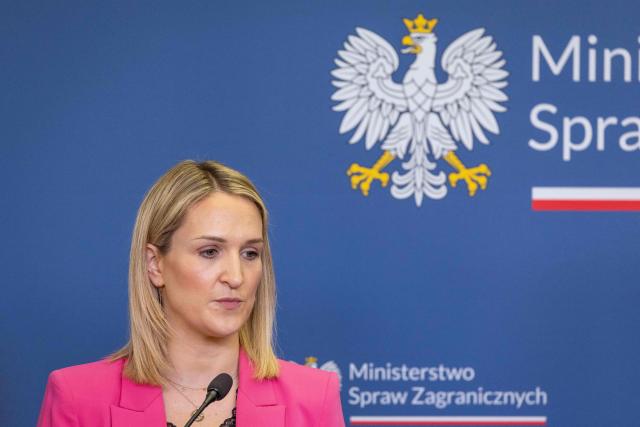 Ireland's Minister for Foreign Affairs and Trade and Minister of Defence Helen McEntee attends a joint press conference with Poland's Deputy Prime Minister and Minister of Foreign after their meeting in Ministry building in Warsaw on April 27, 2026. (Photo by Wojtek RADWANSKI / AFP)