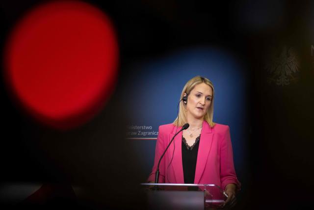 Ireland's Minister for Foreign Affairs and Trade and Minister of Defence Helen McEntee attends a joint press conference with Poland's Deputy Prime Minister and Minister of Foreign after their meeting in Ministry building in Warsaw on April 27, 2026. (Photo by Wojtek RADWANSKI / AFP)