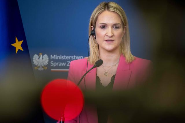 Ireland's Minister for Foreign Affairs and Trade and Minister of Defence Helen McEntee attends a joint press conference with Poland's Deputy Prime Minister and Minister of Foreign after their meeting in Ministry building in Warsaw on April 27, 2026. (Photo by Wojtek RADWANSKI / AFP)