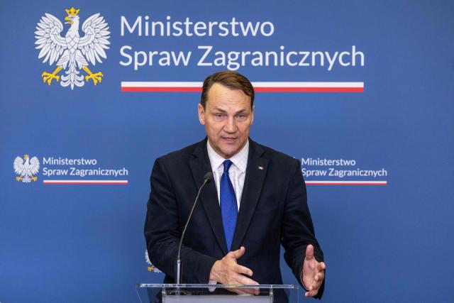 Poland's Deputy Prime Minister and Minister of Foreign Afairs Radoslaw Sikorski attends press conference with Ireland's Foreign Minister after their meeting in Ministry building in Warsaw on April 27, 2026. (Photo by Wojtek RADWANSKI / AFP)