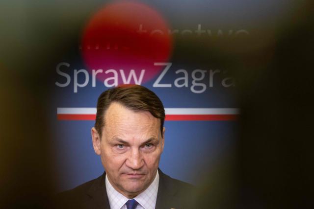 Poland's Deputy Prime Minister and Minister of Foreign Afairs Radoslaw Sikorski attends press conference with Ireland's Foreign Minister after their meeting in Ministry building in Warsaw on April 27, 2026. (Photo by Wojtek RADWANSKI / AFP)