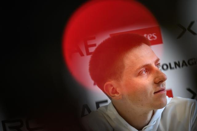 UAE Team Emirates-XRG's Slovenian rider Tadej Pogacar looks on during a press conference ahead of the Tour of Romandy cycling stage race, in Vevey, Switzerland on April 27, 2026. (Photo by Fabrice COFFRINI / AFP)