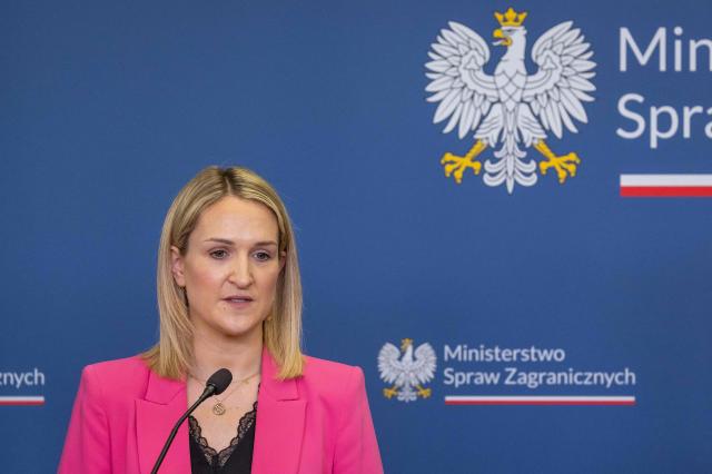 Ireland's Minister for Foreign Affairs and Trade and Minister of Defence Helen McEntee attends a joint press conference with Poland's Deputy Prime Minister and Minister of Foreign after their meeting in the Ministry building in Warsaw on April 27, 2026. (Photo by Wojtek RADWANSKI / AFP)