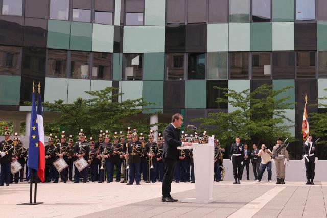 France's Prime Minister Sebastien Lecornu delivers a speech during a military parade to mark the naming of the Ministry of the Armed Forces’ main auditorium after Pierre Messmer, at The Invalides in Paris on April 27, 2026. (Photo by Thomas SAMSON / AFP)