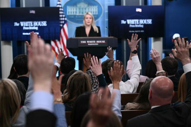 Reporters call on White House Press Secretary Karoline Leavitt during a press briefing in the Brady Briefing Room at the White House in Washington, DC, on April 27, 2026. (Photo by Brendan SMIALOWSKI / AFP)