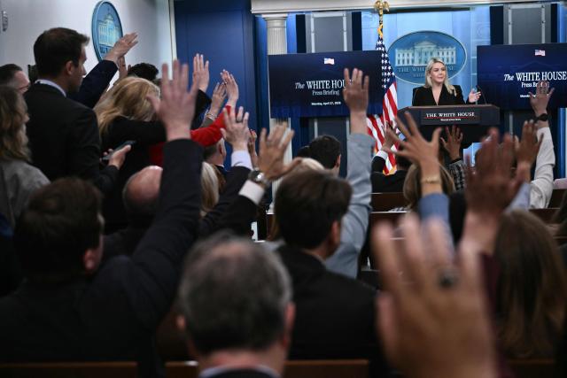 White House Press Secretary Karoline Leavitt speaks during a press briefing in the Brady Briefing Room at the White House in Washington, DC, on April 27, 2026. (Photo by Brendan SMIALOWSKI / AFP)